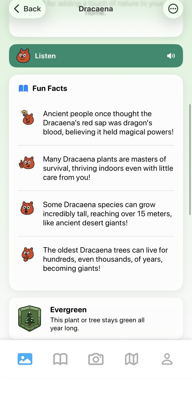 Snappit fun facts screen with playful nature facts about Dracaena plants