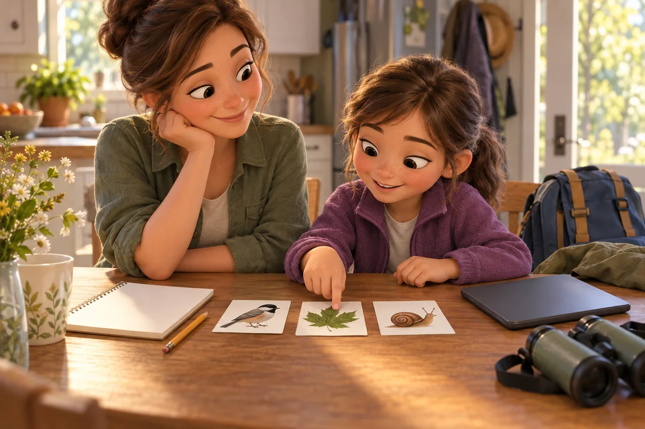 Un genitore e un bambino scelgono immagini di natura accanto a un quaderno e a un tablet chiuso