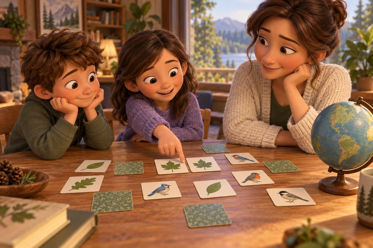 Uma família compara cartas com figuras da natureza ao lado de um globo simples sobre a mesa