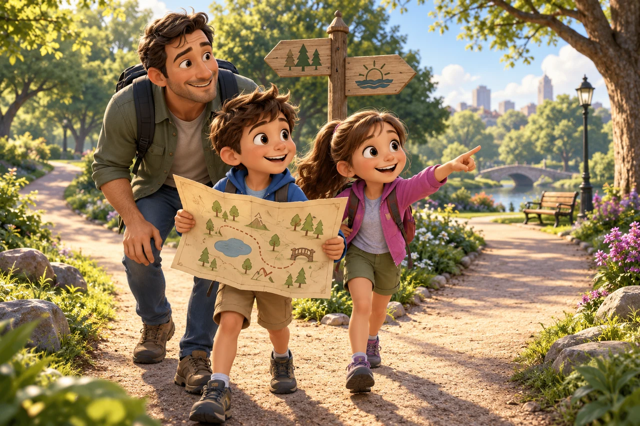 Bambini e un adulto seguono una semplice mappa del tesoro lungo un sentiero soleggiato del parco