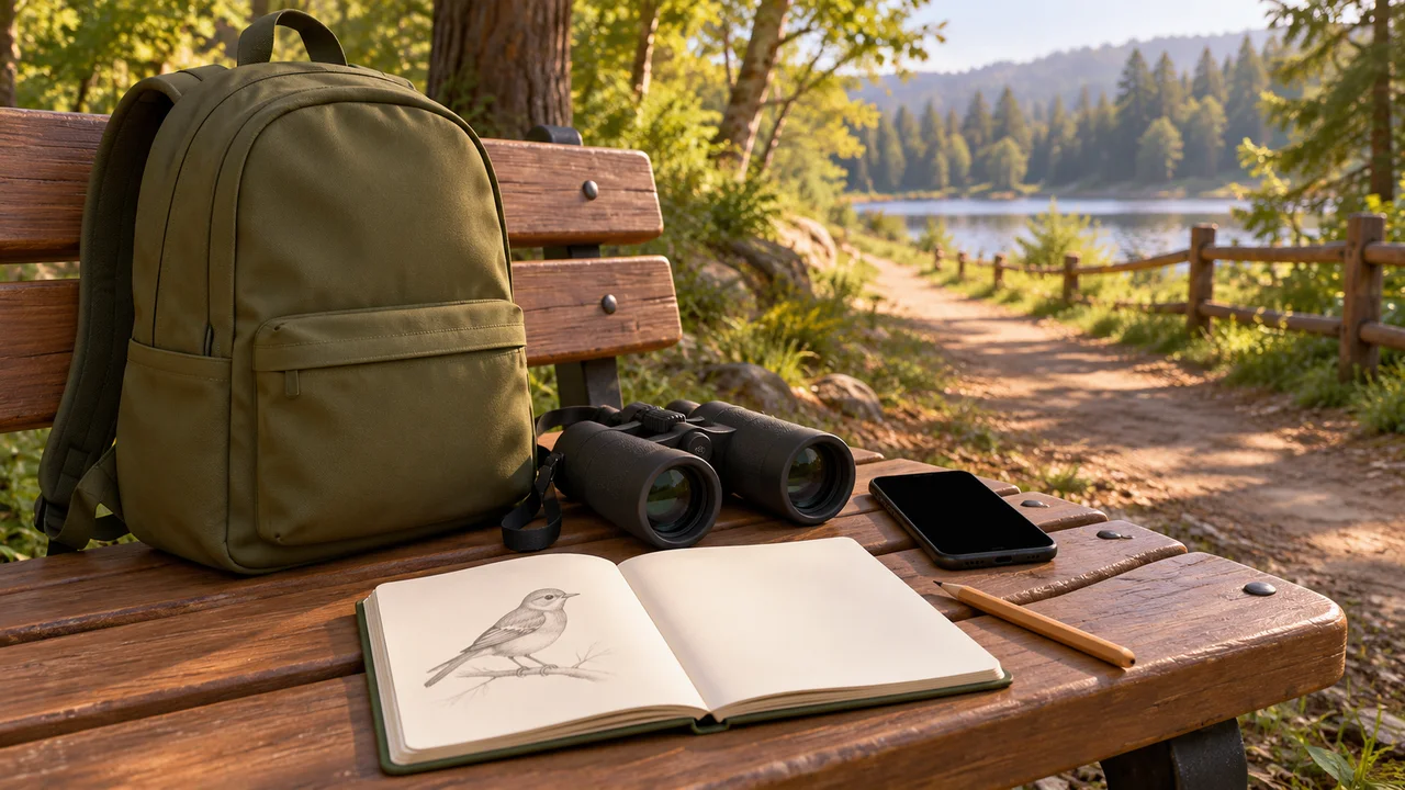 Un sac à dos, un téléphone chargé, des jumelles et un carnet de nature prêts pour une balade en famille