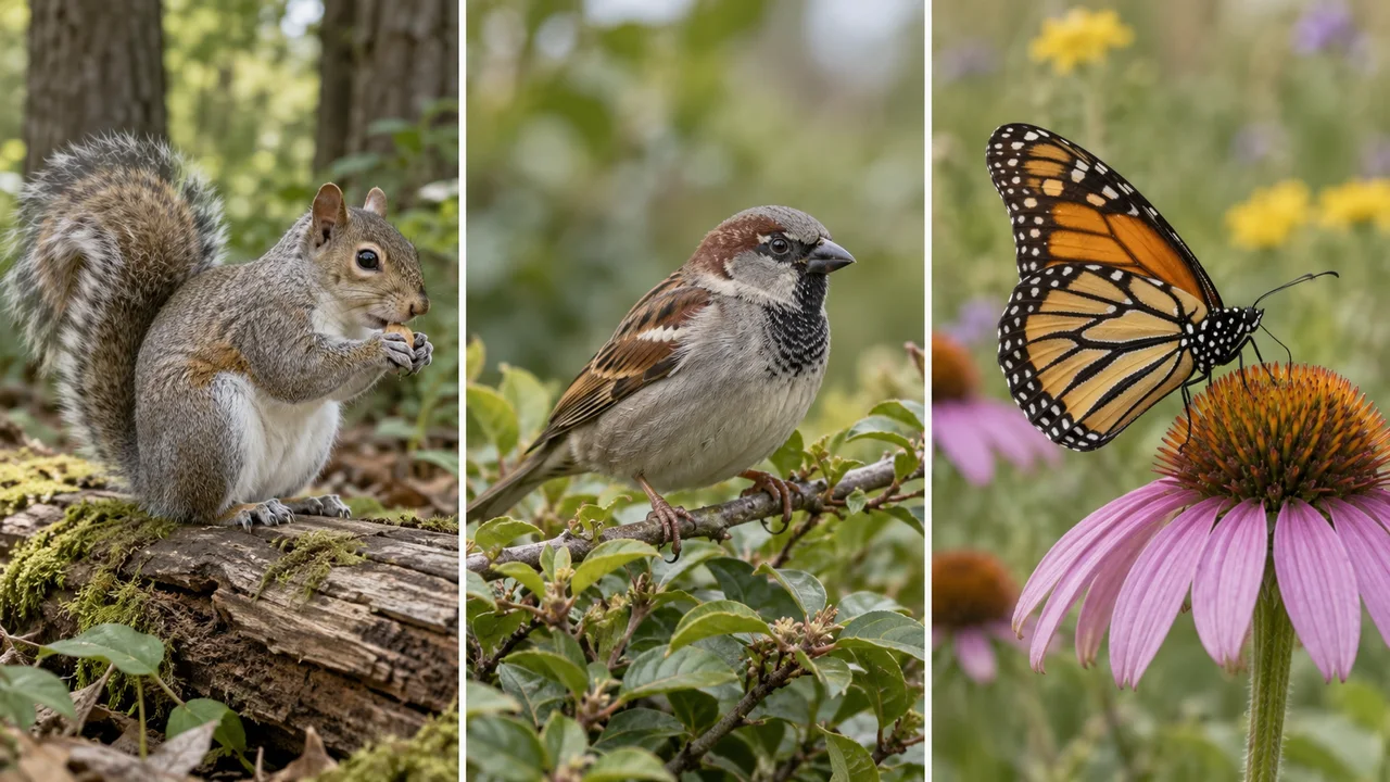 Un trittico realistico di fauna selvatica con uno scoiattolo, un piccolo uccello canoro e una farfalla nel loro ambiente naturale