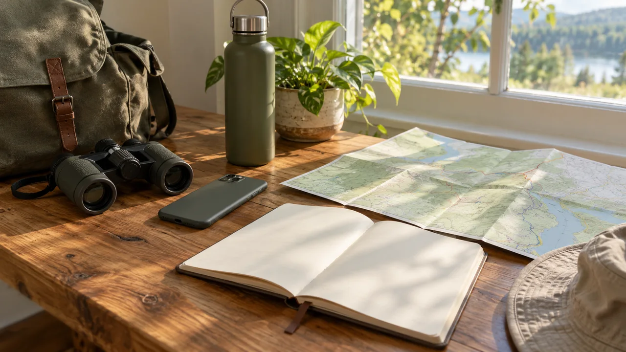 Un kit realistico per una passeggiata nella natura con un telefono a faccia in giù, un binocolo, un quaderno vuoto, una mappa di carta piegata e una borraccia