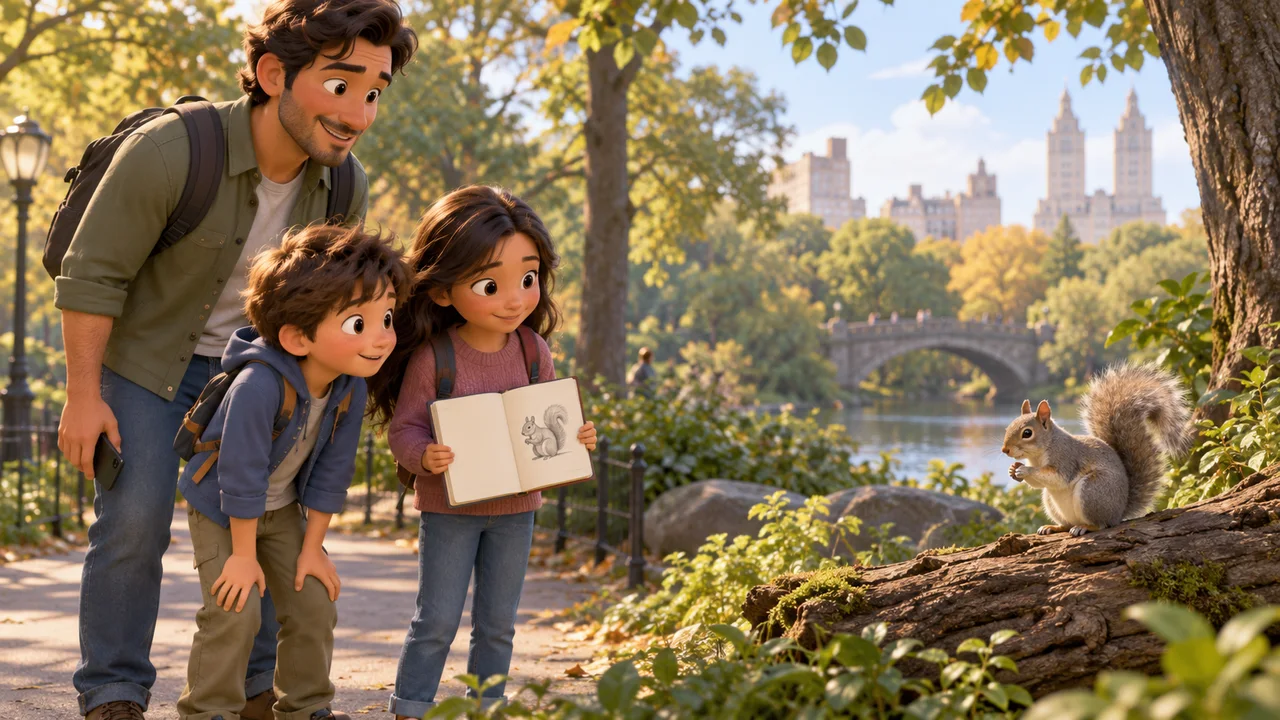 Un genitore e due bambini su un sentiero del parco guardano in silenzio uno scoiattolo da lontano, con il telefono abbassato e un quaderno di natura aperto