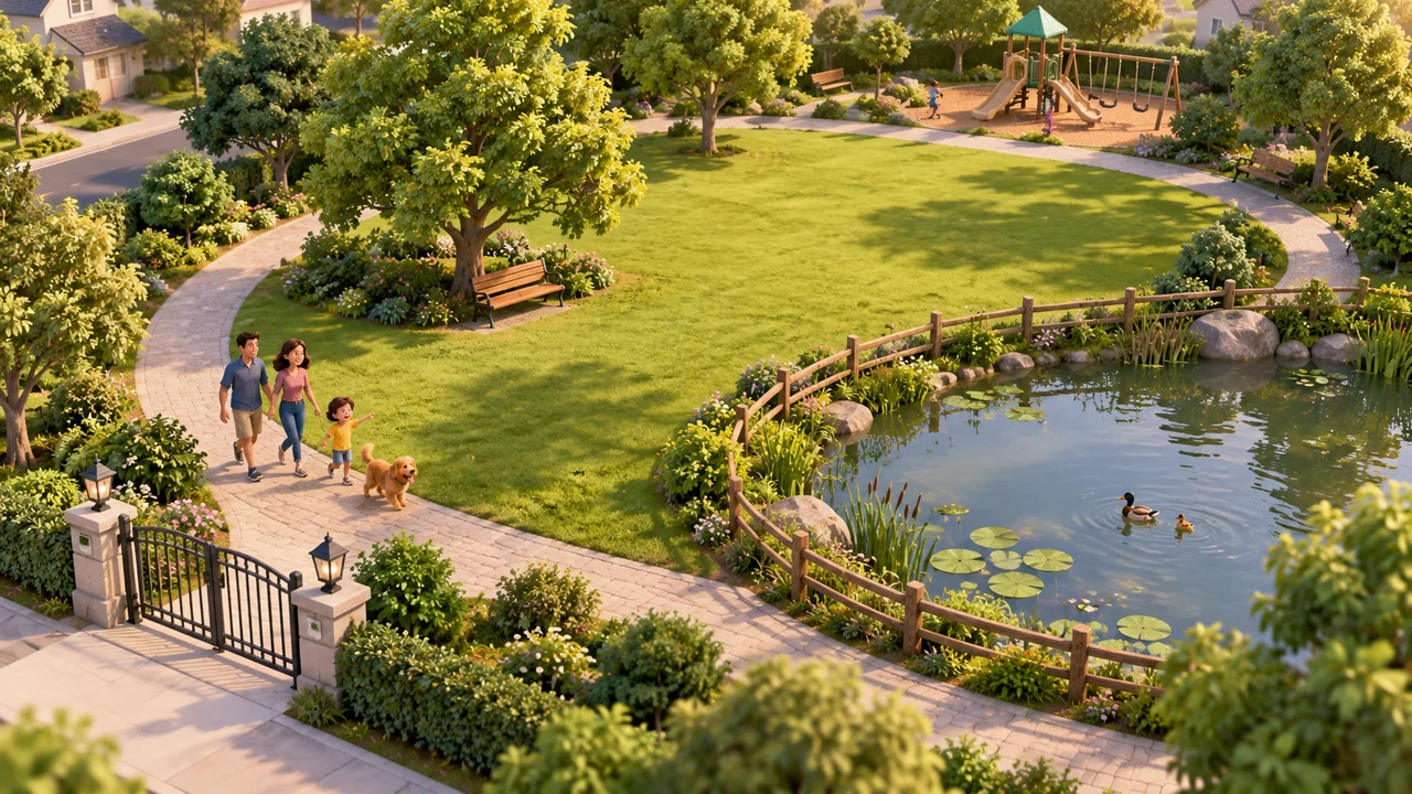 Une petite boucle de parc avec une entrée, un chemin goudronné, un banc, des arbres et un étang vus d'en haut