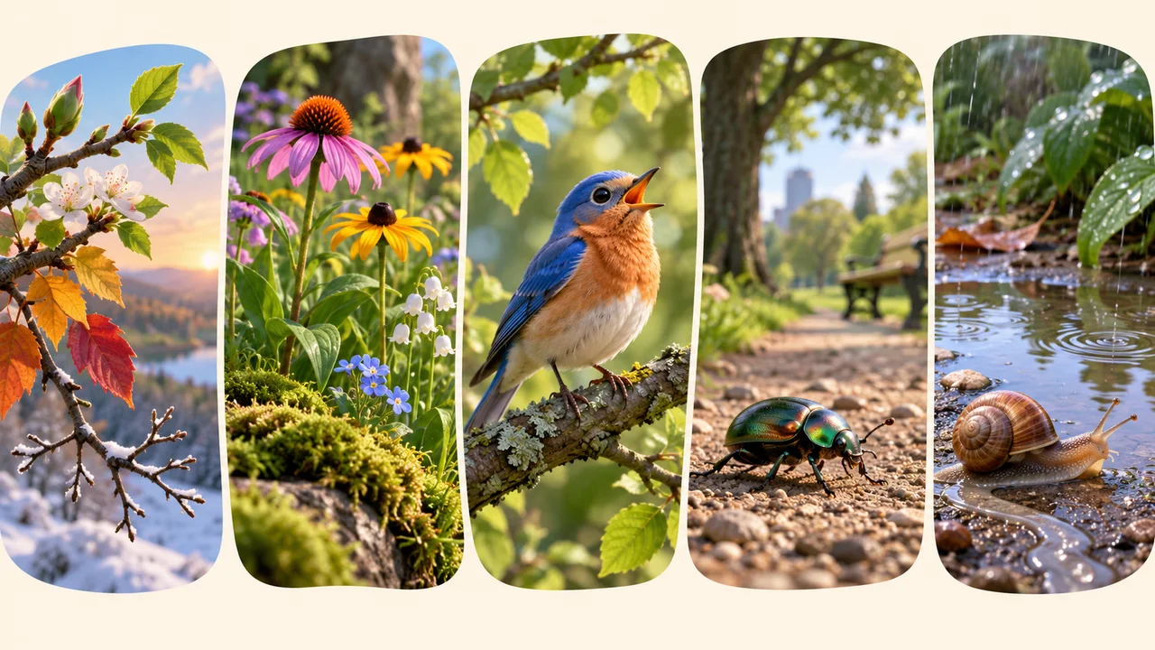 Cinq découvertes illustrées au parc : des feuilles de saison, des fleurs colorées, un oiseau qui chante, un coléoptère et des traces d'escargot