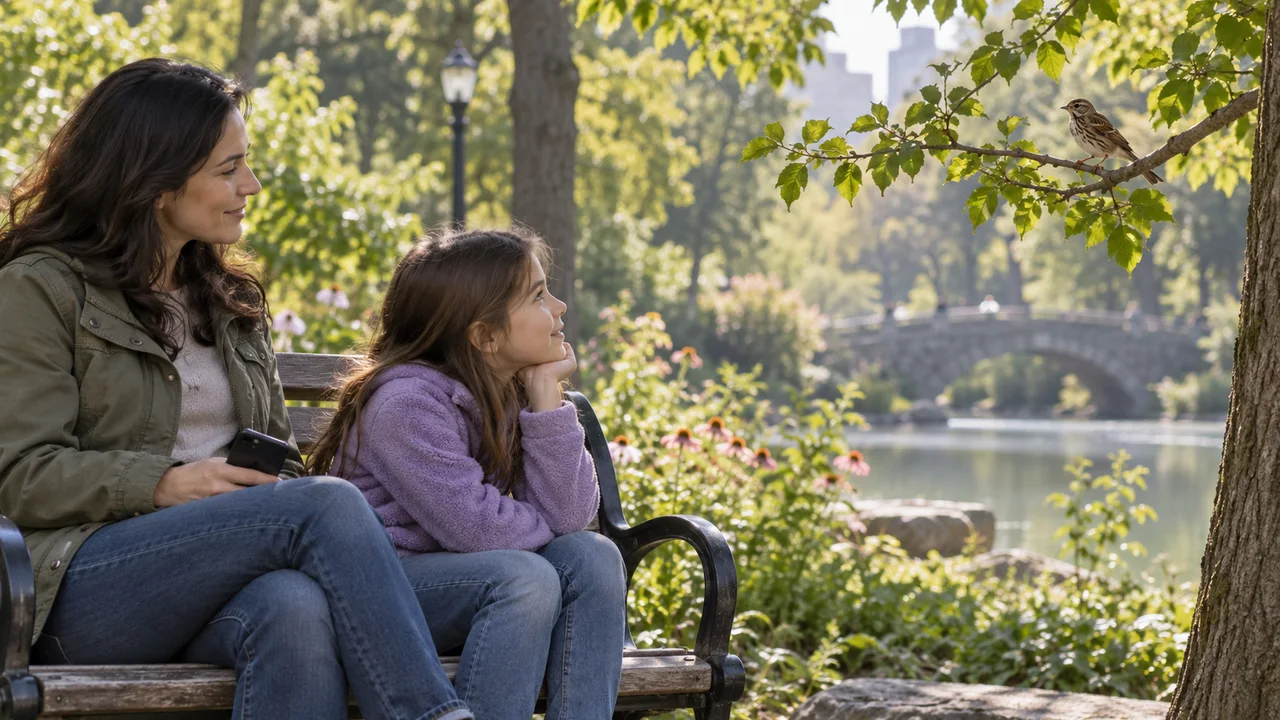 Un enfant observe un petit oiseau depuis un banc de parc pendant qu'un parent tient un téléphone à son côté