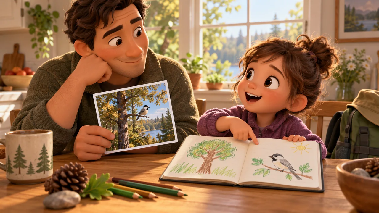 Une famille à une table de cuisine compare une photo prise au parc avec un dessin du carnet de nature d'un enfant