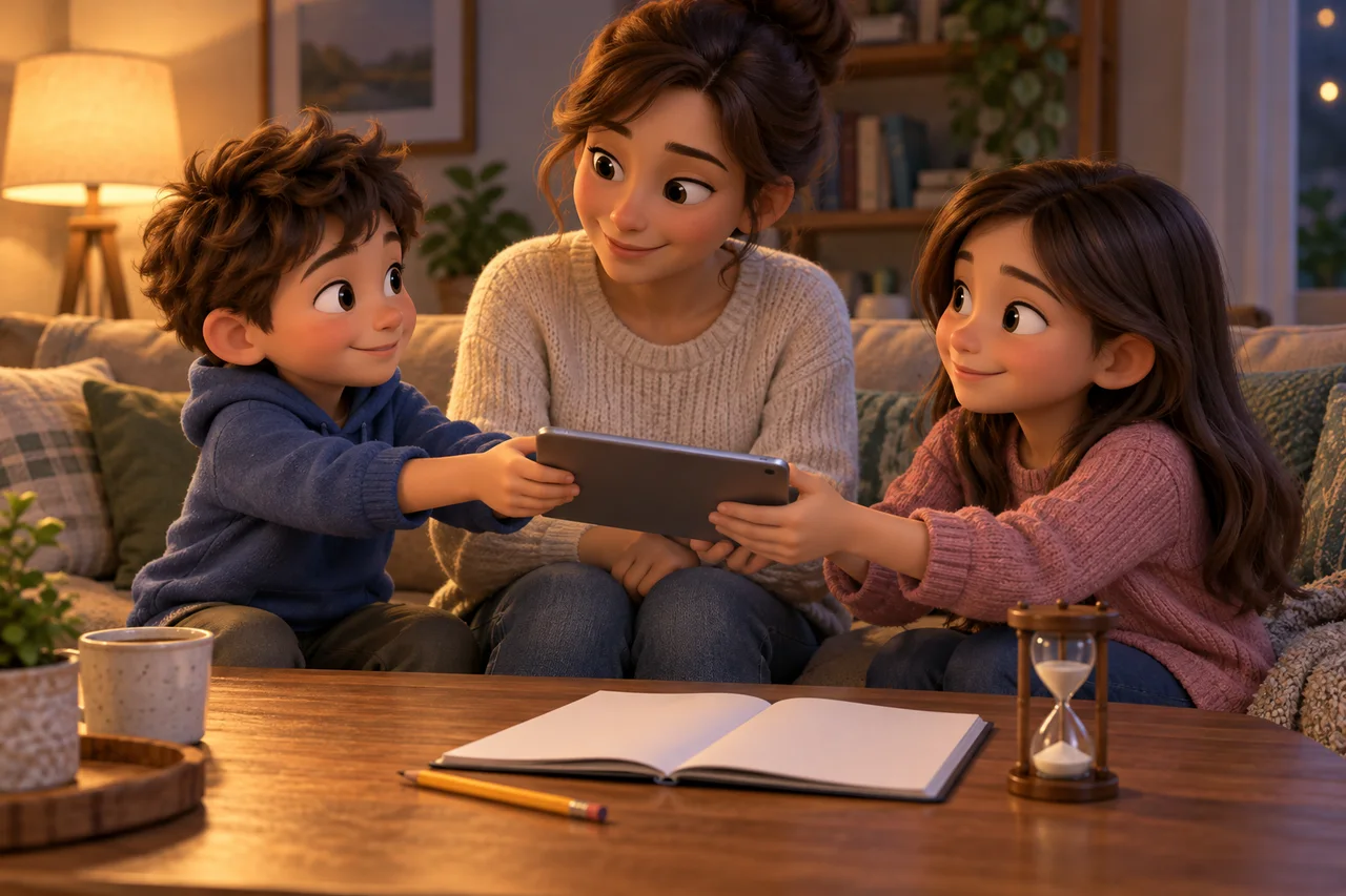 Una famiglia che sistema un tablet, un quaderno e un piccolo timer attorno al tavolo del soggiorno