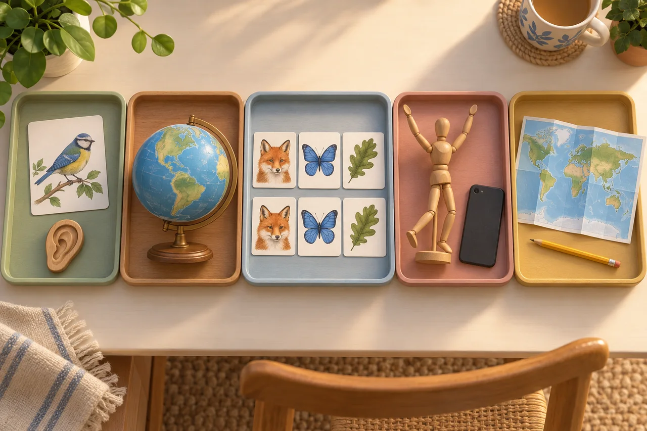 Cinq installations de jeu distinctes évoquant les indices nature, la géographie, les paires, le mime et les cartes