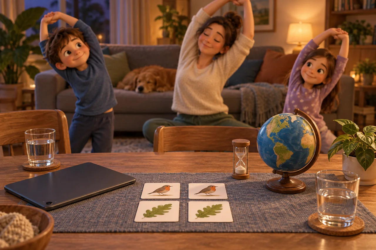 Une table de soirée jeux avec un minuteur, des cartes à paires, un globe et un appareil posé face contre table pendant une pause