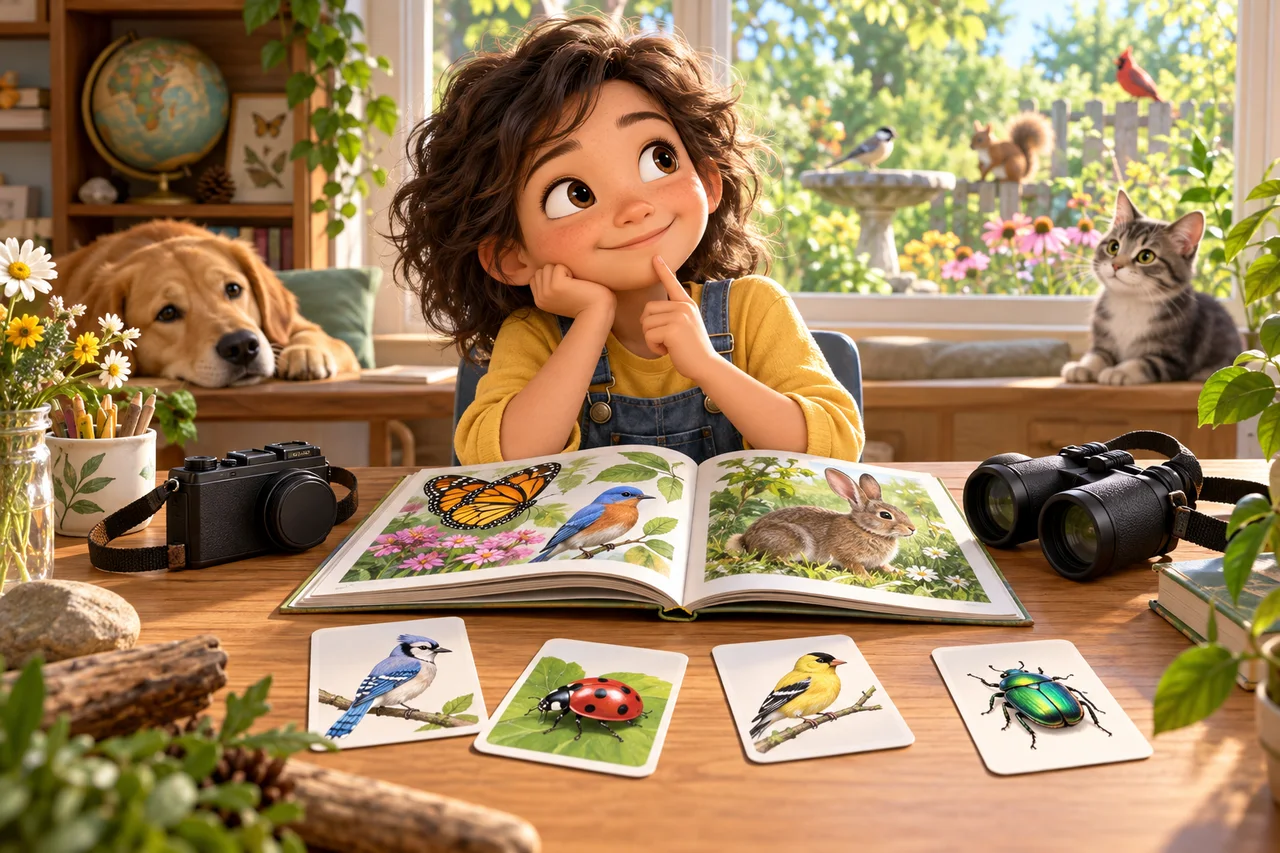 Un bambino che sceglie tra libri sugli animali, binocolo, fotocamera e carte illustrate di animali