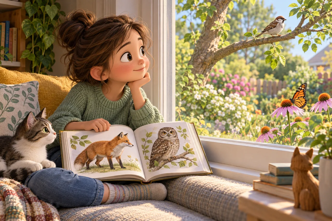 Uma criança curiosa olhando livros de referência sobre animais ao lado de um passarinho e uma borboleta vistos pela janela