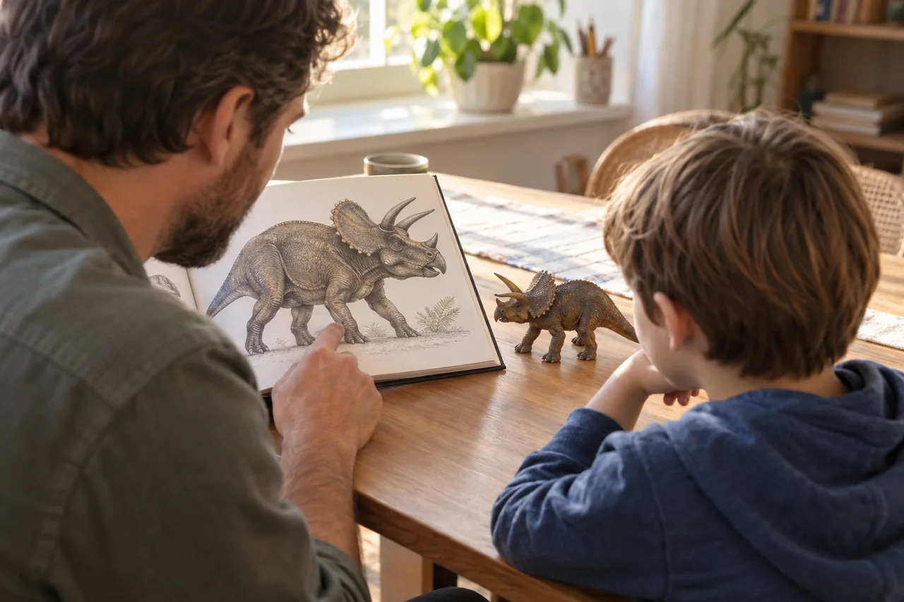 Un genitore e un bambino che confrontano l'illustrazione di un dinosauro con un libro di consultazione a un tavolo