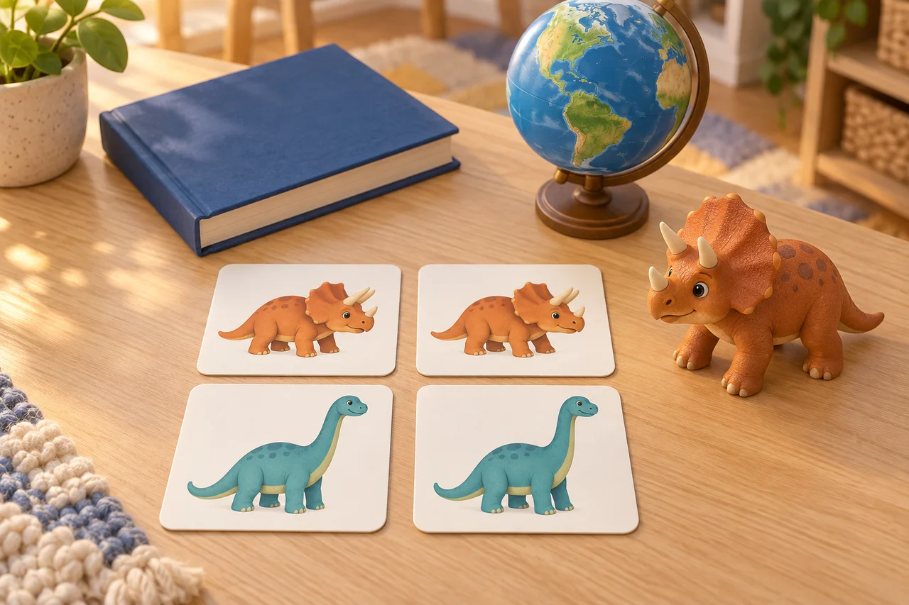Des cartes de paires illustrées de dinosaures, un globe, un jouet et un livre fermé disposés comme autant de choix d'apprentissage