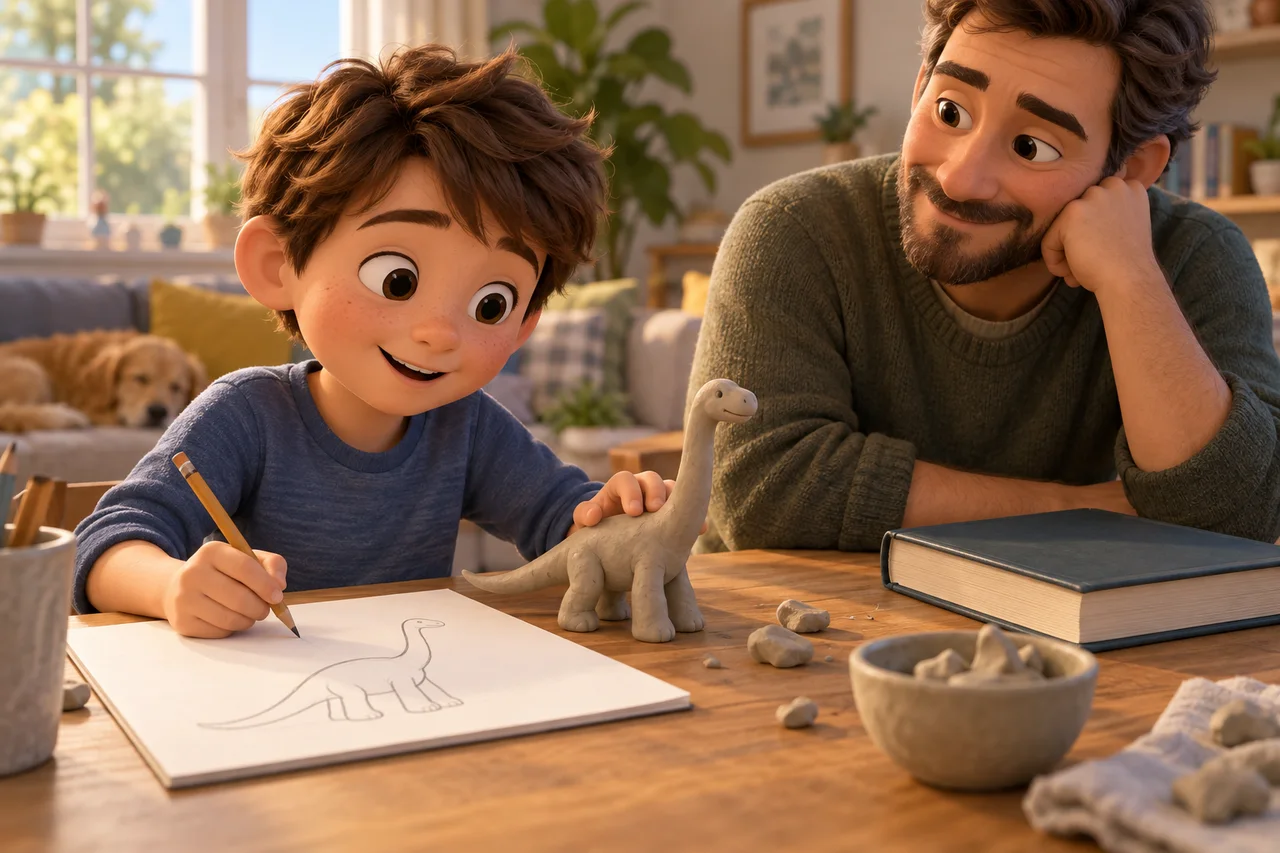Un enfant dessine un modèle de dinosaure à côté d'un parent, d'un livre de référence et de pâte à modeler