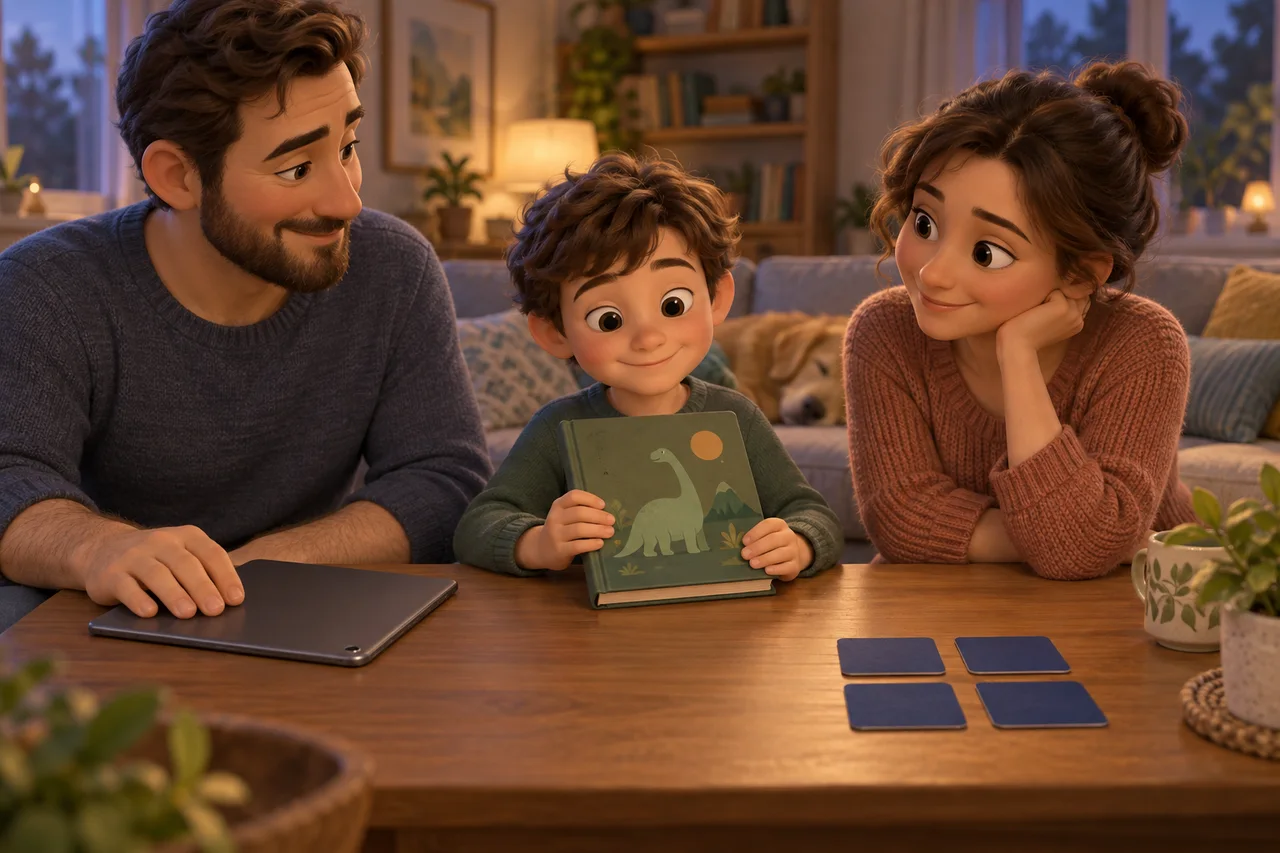 Une famille range la tablette après un court jeu de cartes de dinosaures et choisit un livre ensemble