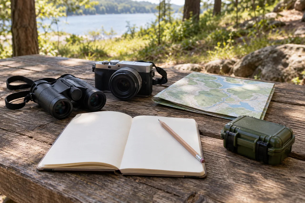 Une composition réaliste de jumelles d'ornithologue, d'un appareil photo, d'un carnet vierge, d'une carte pliée et d'une petite boîte de géocache