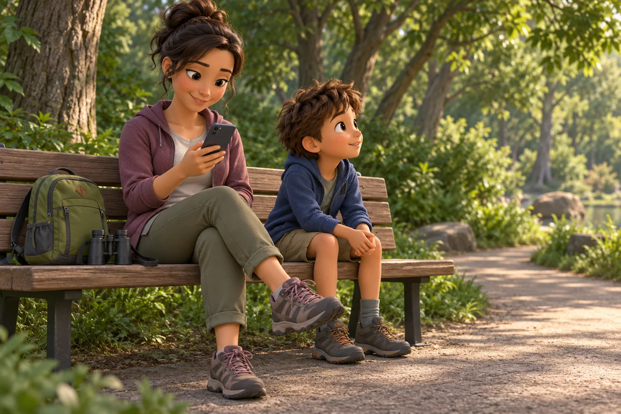 Un parent tenant un téléphone et un enfant assis sur un banc de parc le long d'un chemin dégagé, avec un petit sac à dos à côté d'eux