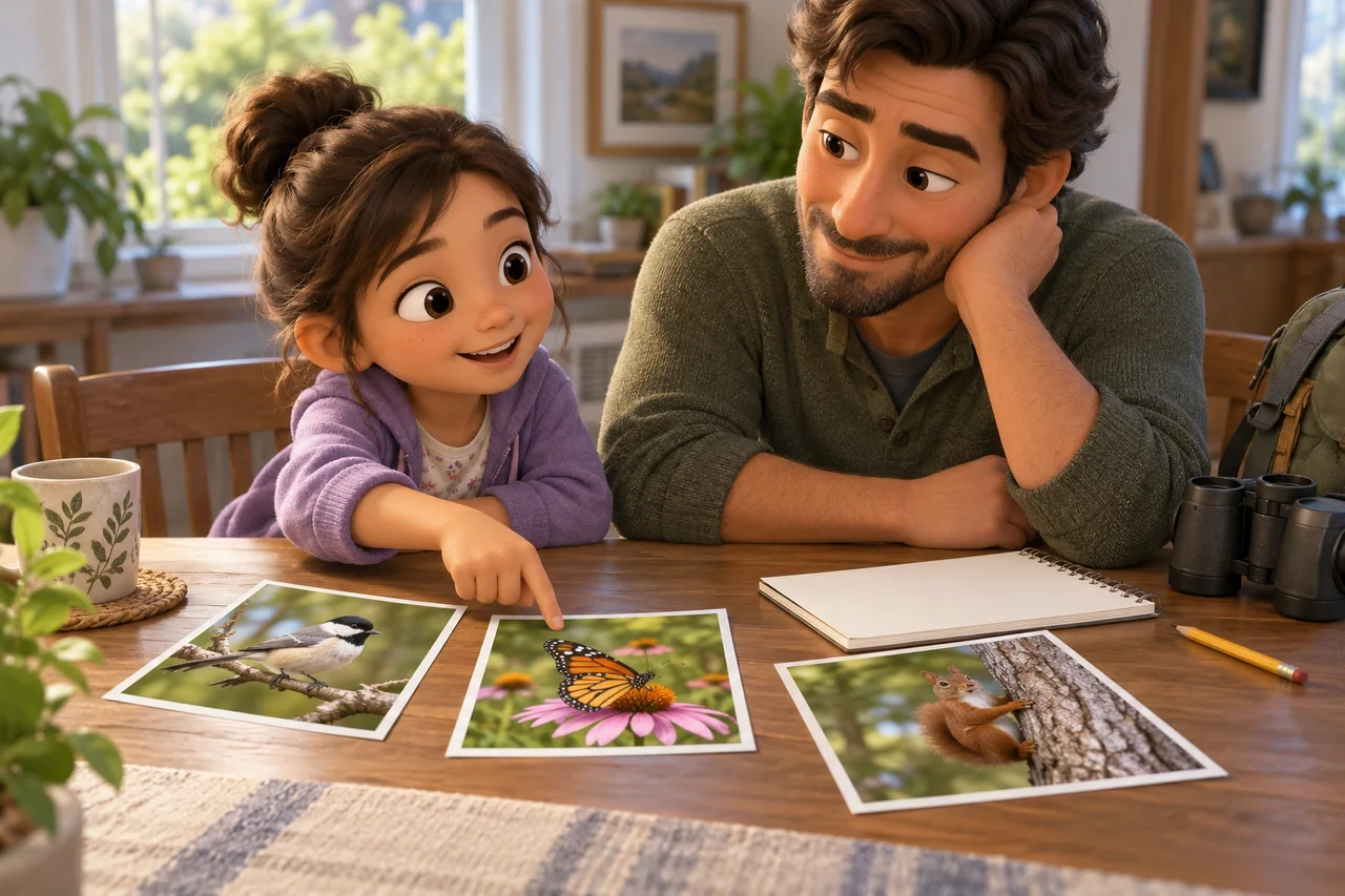 Un enfant et un parent illustrés comparent trois photos de faune sans légende sur une table après une visite au parc