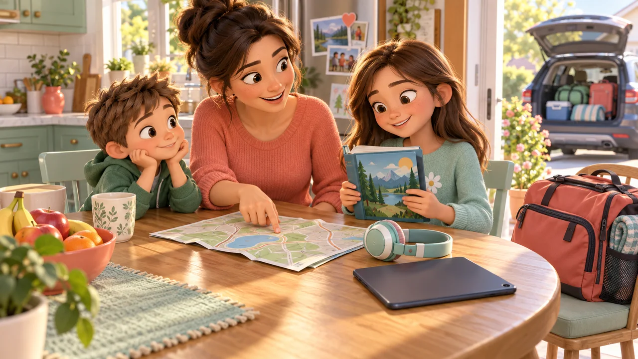 Un genitore e due bambini scelgono un libro, delle cuffie, un tablet e una mappa cartacea al tavolo della cucina.