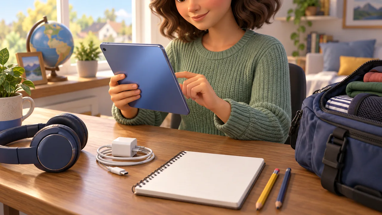 Um adulto confere um tablet em casa ao lado de um carregador, fones de ouvido, um caderno e uma mala de viagem pronta.