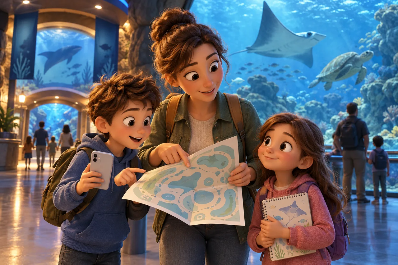 Una famiglia organizza la visita all'acquario con una mappa piegata, un telefono e un piccolo album da disegno.