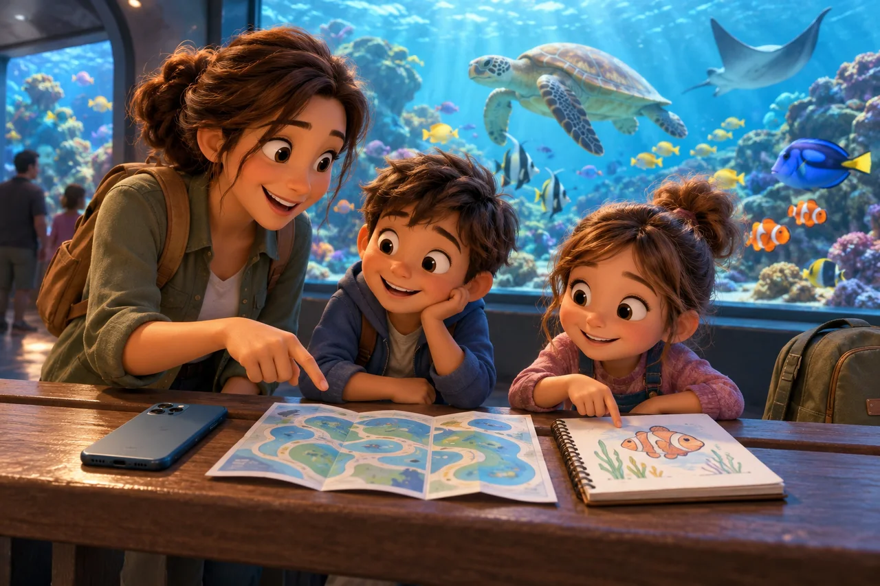 Un genitore e due bambini confrontano un telefono vuoto, una mappa di carta e il disegno di un pesce accanto alla vetrata di un acquario.