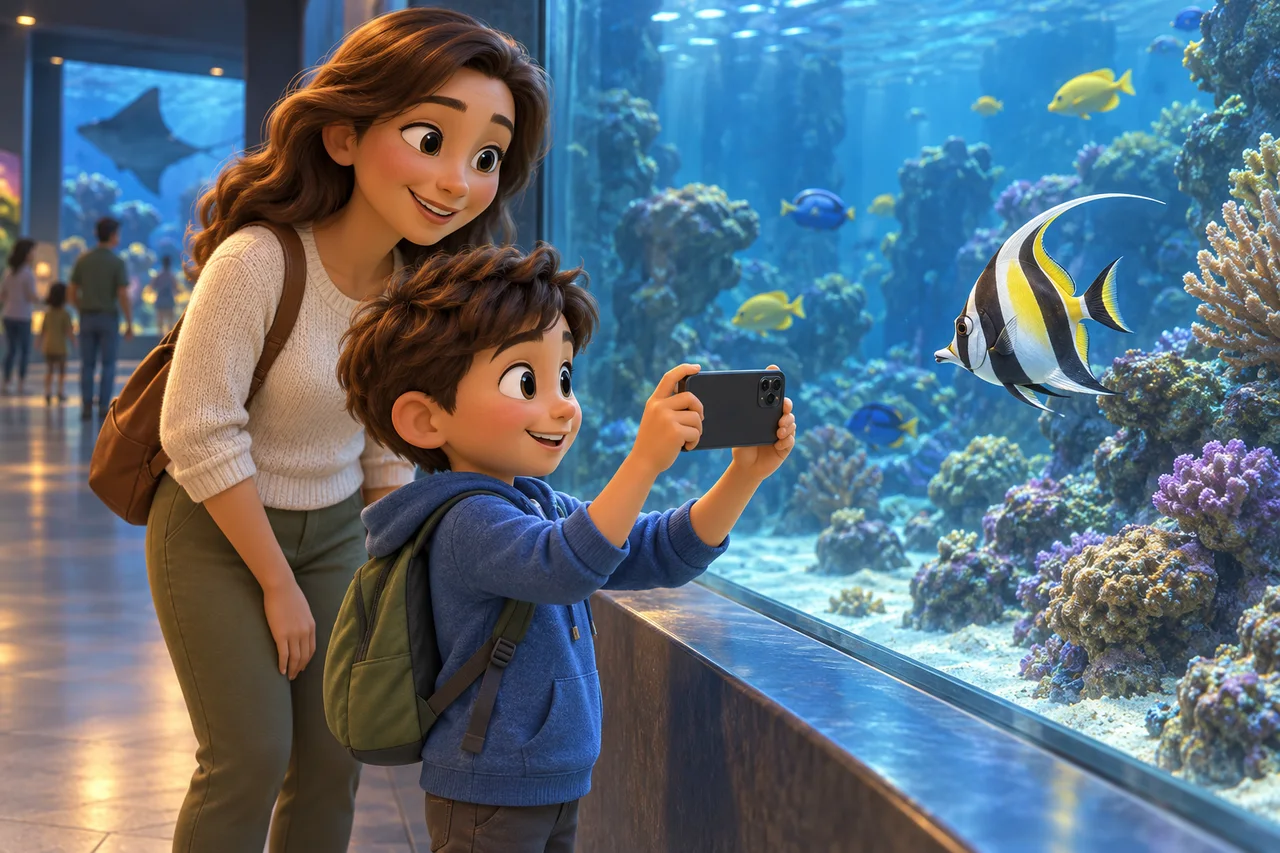 Un bambino accanto a un genitore fotografa un pesce attraverso il vetro dell'acquario senza flash, lasciando libero il passaggio.
