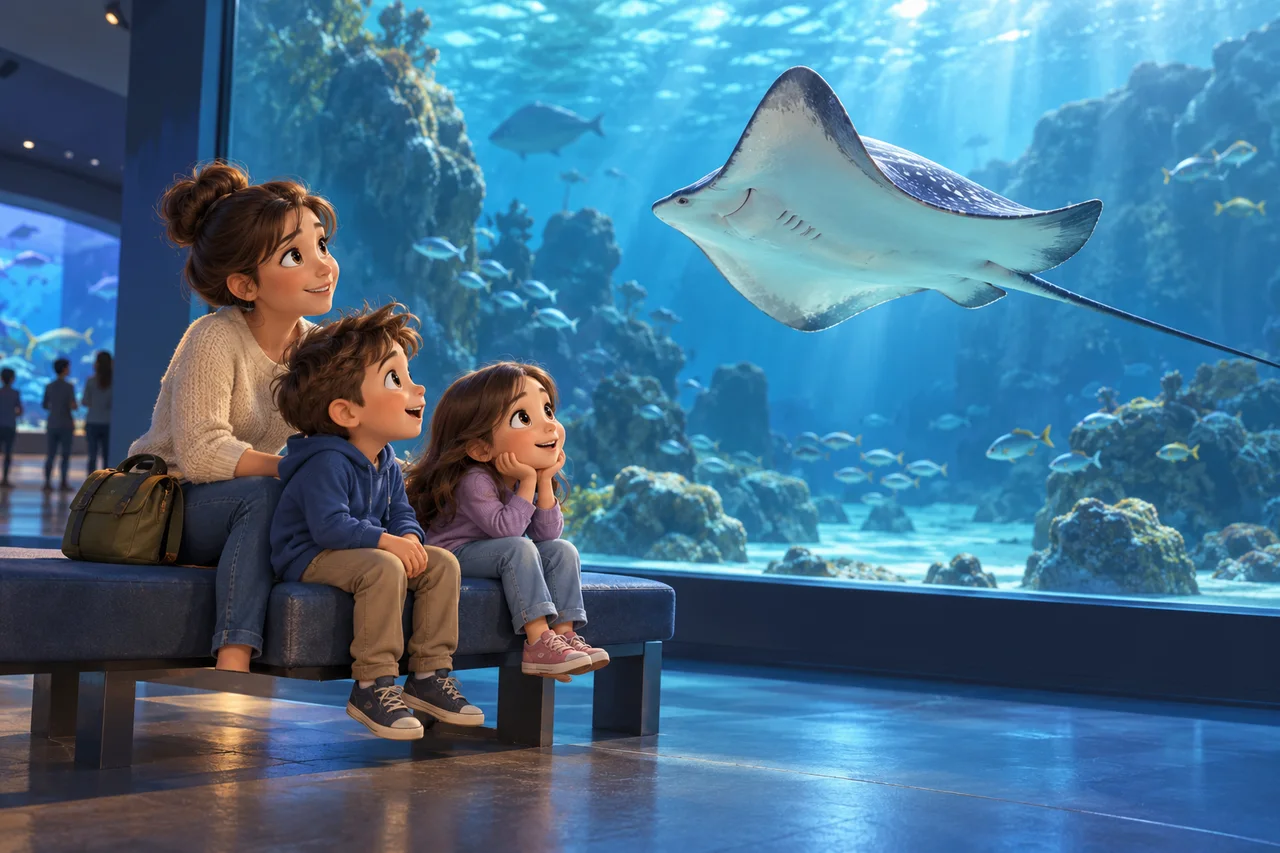Una famiglia seduta su una panchina dell'acquario guarda una razza attraverso una grande vetrata, con il telefono riposto.