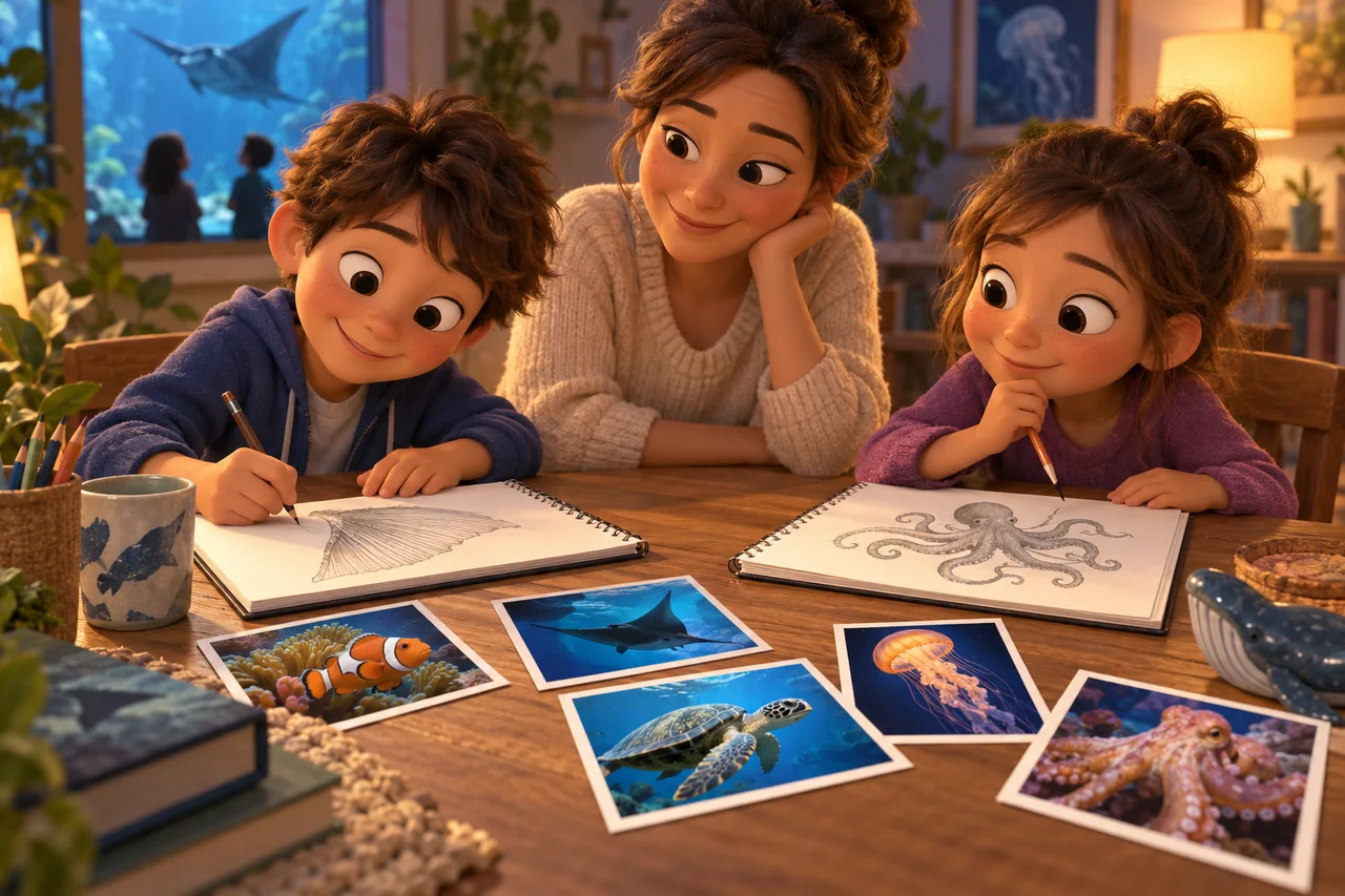 Dei bambini a un tavolo di casa disegnano pinne e tentacoli dalle foto dell'acquario mentre un genitore guarda i loro schizzi.