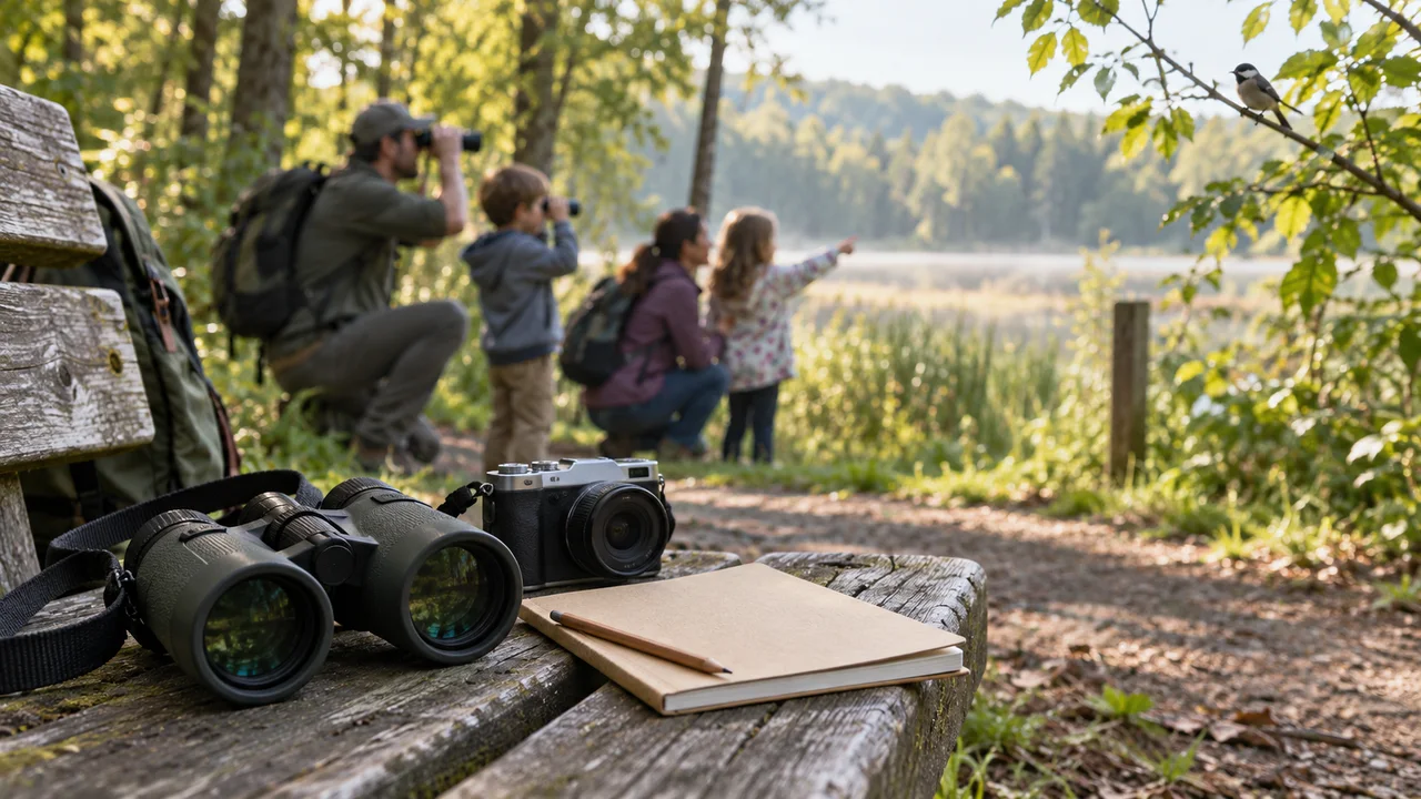 Illustrazione di un binocolo, una fotocamera e un quaderno da campo accanto a un sentiero per il birdwatching