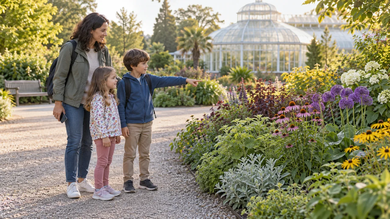 Un genitore e due bambini esaminano dei fiori da un sentiero di un orto botanico
