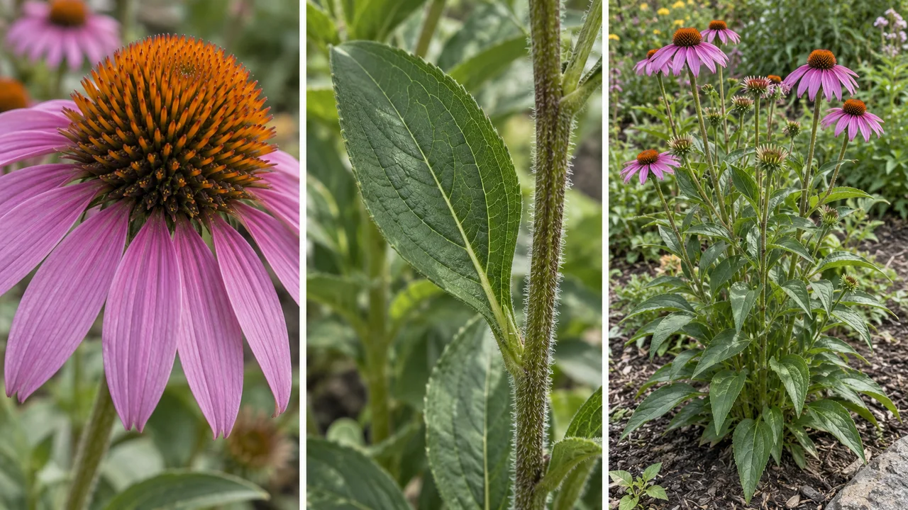Tre viste dettagliate di una stessa pianta in fiore che mostrano il fiore, le foglie e la forma intera della pianta