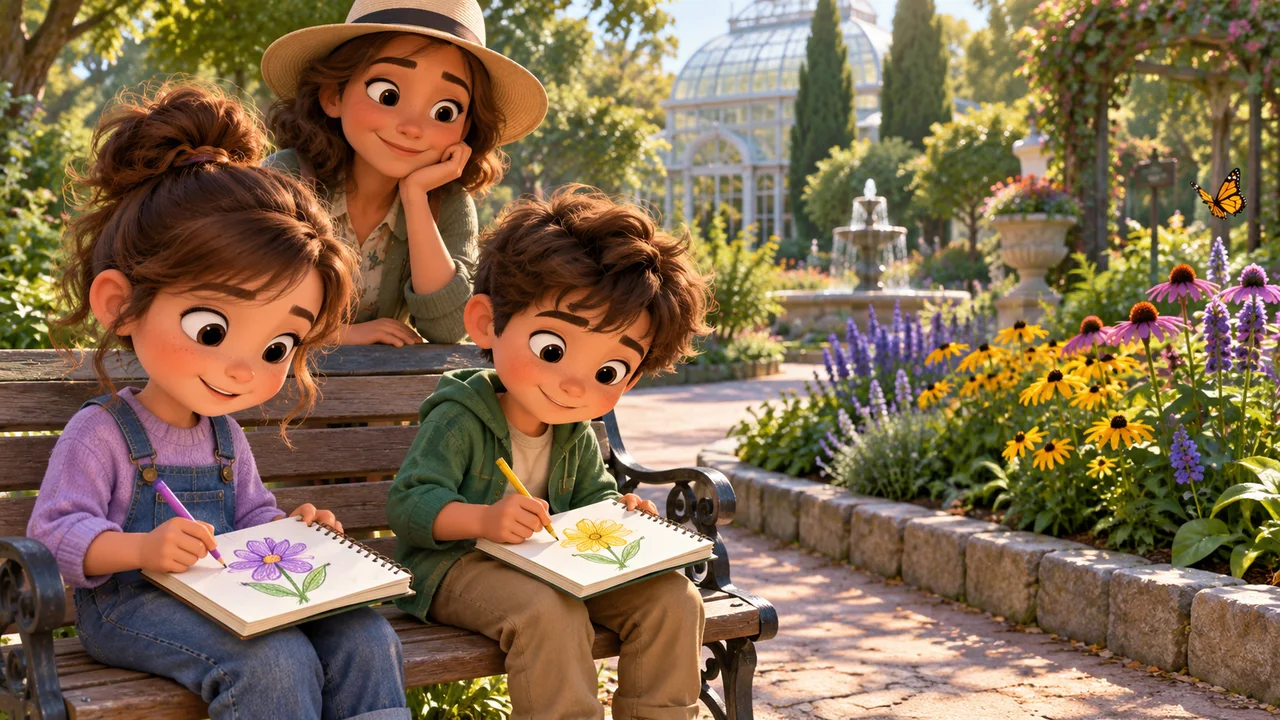 Dei bambini che fanno schizzi colorati di fiori mentre un genitore guarda accanto a un sentiero dell'orto