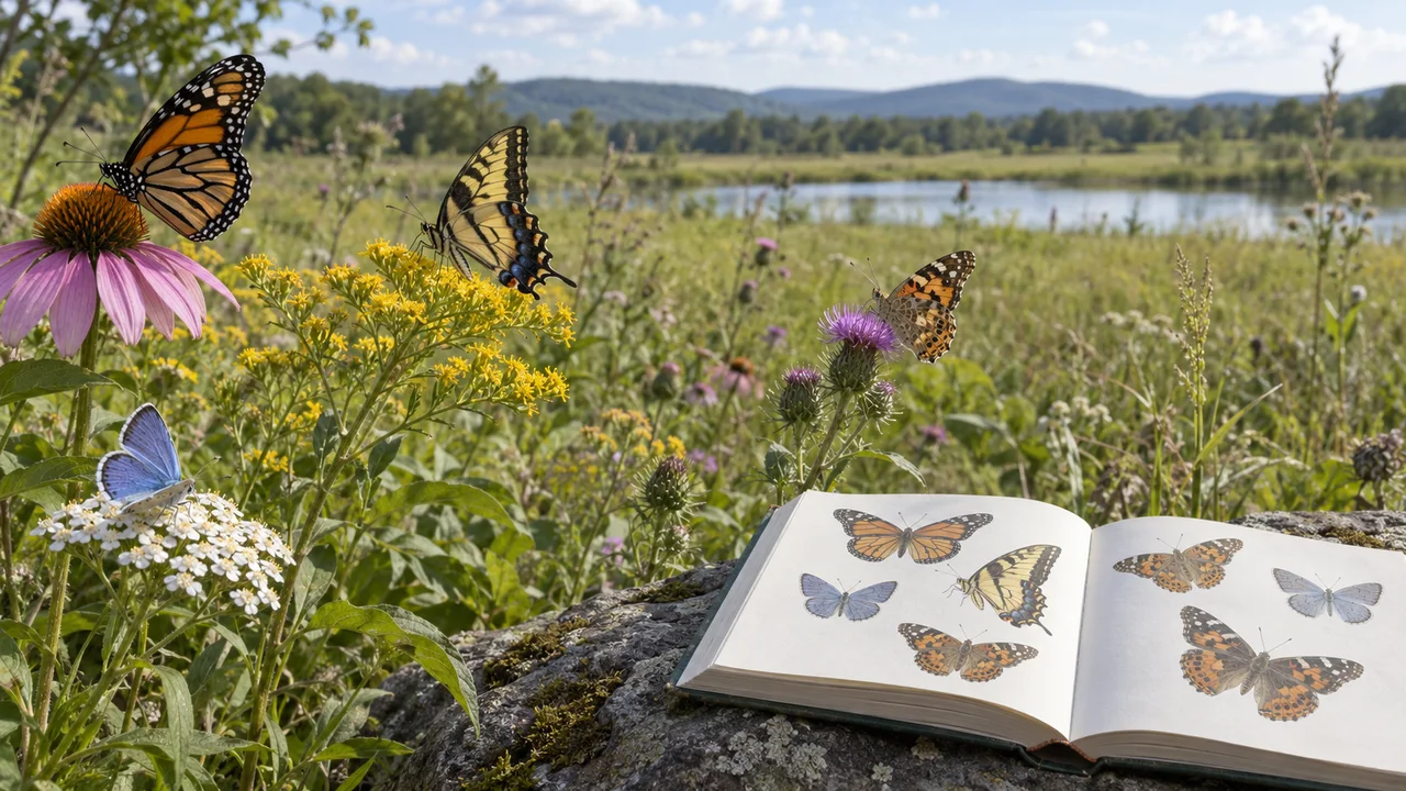 Différents papillons posés parmi les fleurs d'une prairie, avec un guide de terrain illustré ouvert à proximité