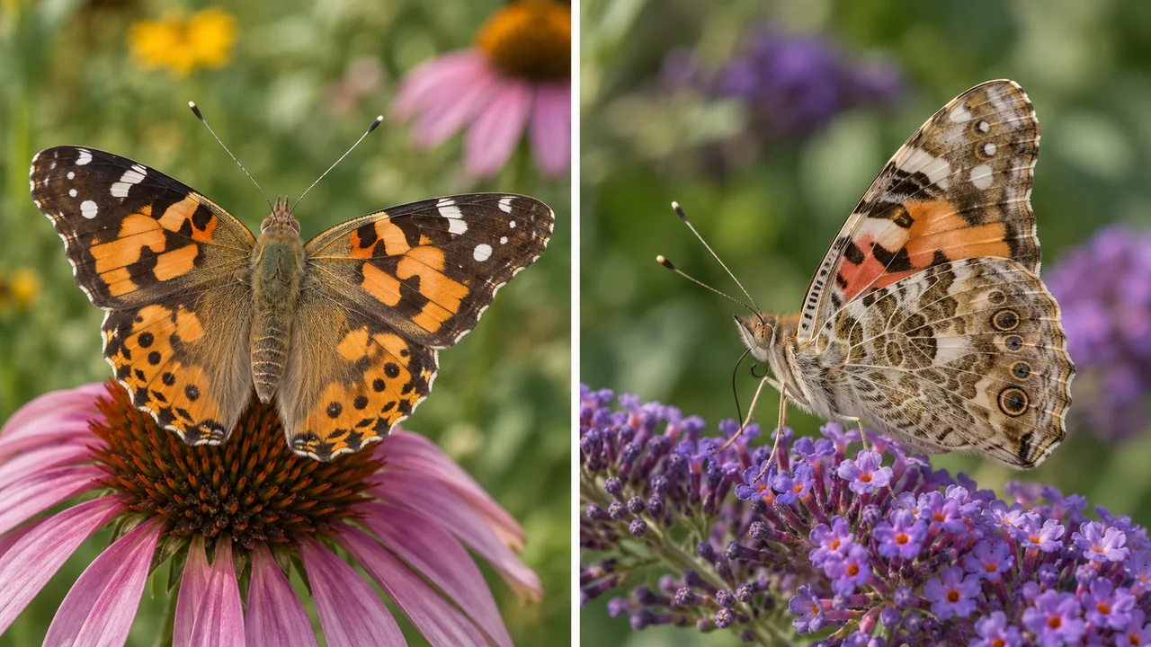 Deux vues naturelles d'un papillon posé, montrant le dessus des ailes ouvertes et les motifs du dessous des ailes fermées