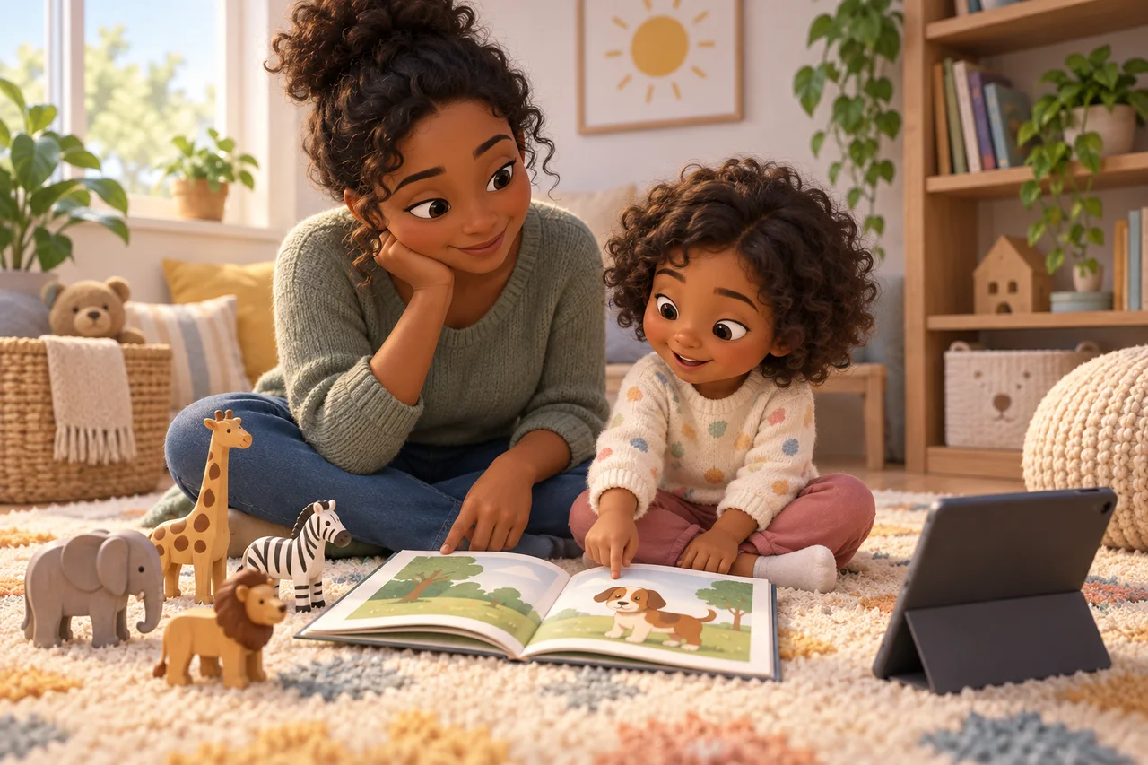 Un genitore e un bambino in età prescolare scelgono un'attività da fare insieme accanto a libri e giocattoli robusti