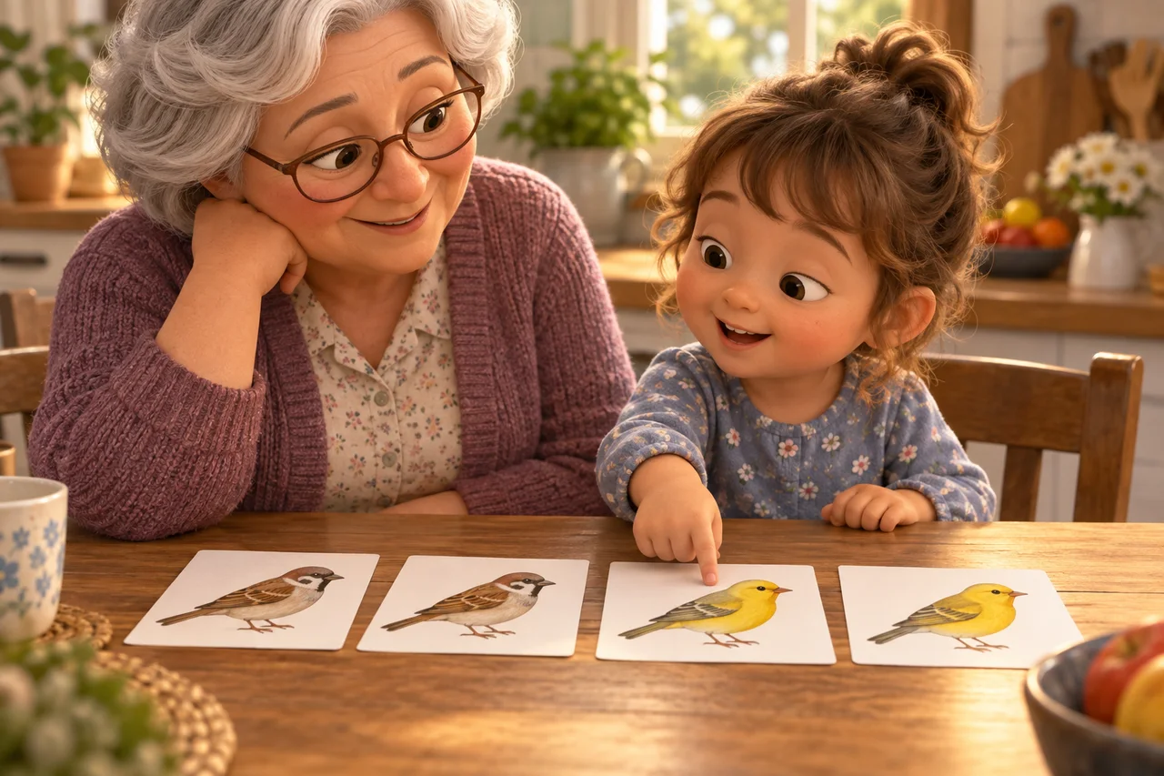 Un adulte et un enfant d'âge préscolaire parlant de deux paires de cartes d'oiseaux sur une table