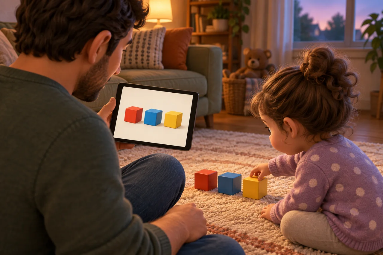 Un parent et son enfant comparant une image simple sur tablette avec de gros cubes posés par terre