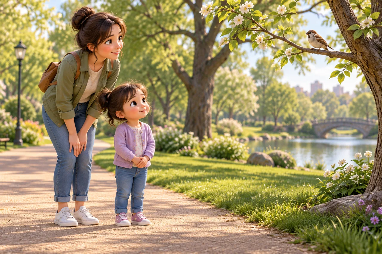 Un parent et son enfant observant un petit oiseau depuis une allée de parc, téléphone rangé