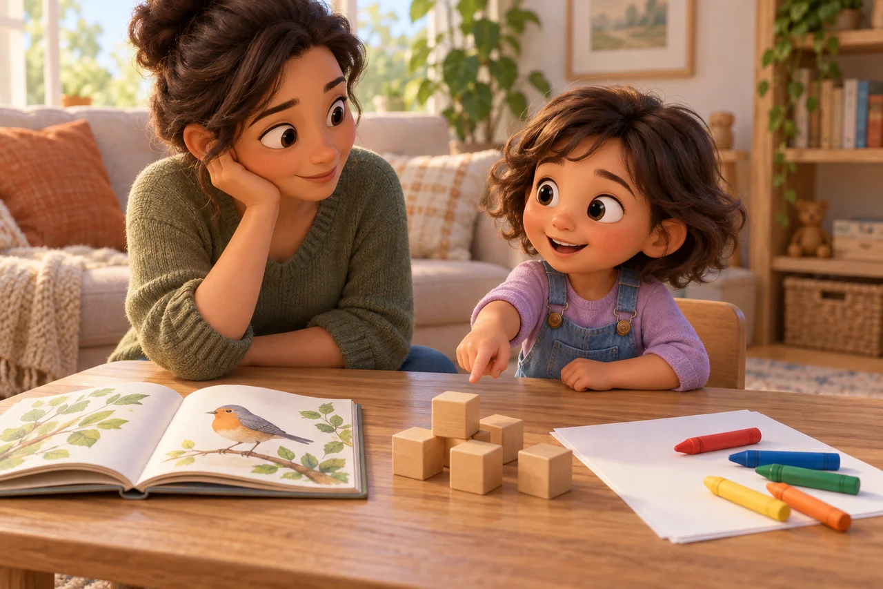Un genitore e un bambino piccolo scelgono tra un libro illustrato, dei cubetti per contare e materiali per disegnare