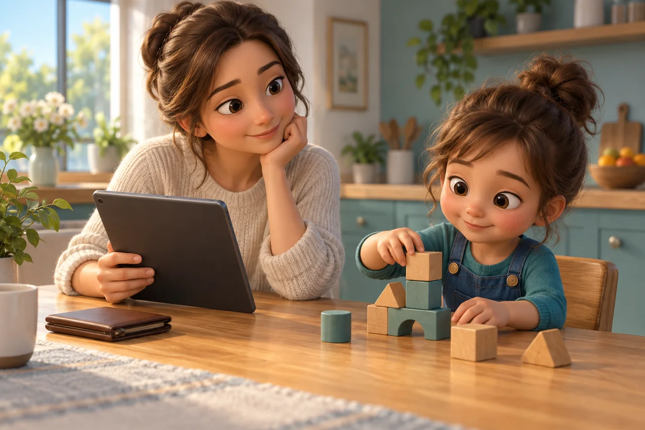 Un adulte testant une tablette à côté d'un enfant, avec un porte-monnaie fermé et quelques cubes à compter sur la table
