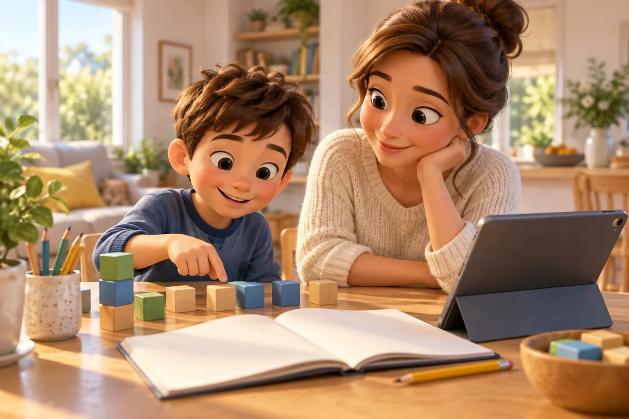 Un genitore e un bambino pianificano l'apprendimento con libri, cubetti per contare e un tablet