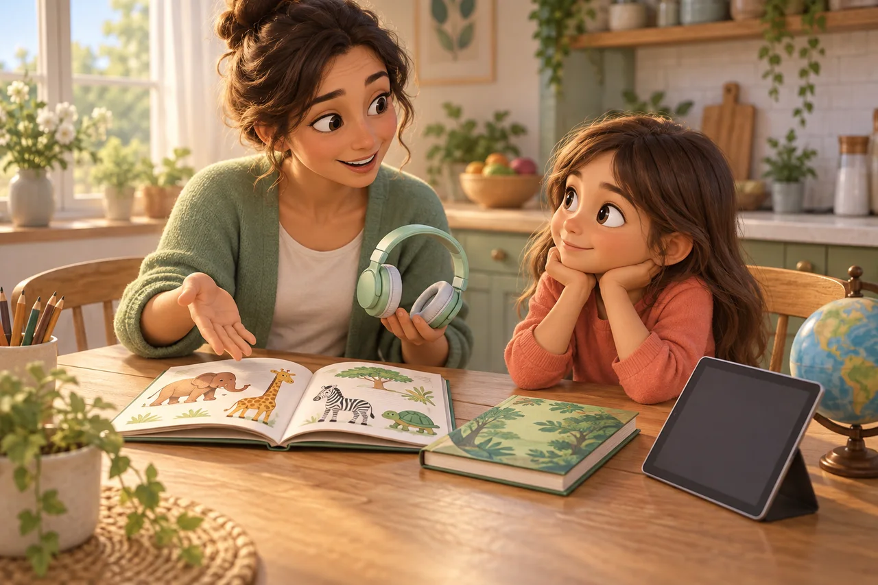 Un genitore e un bambino confrontano libri illustrati, cuffie, un tablet e un piccolo mappamondo sul tavolo della cucina