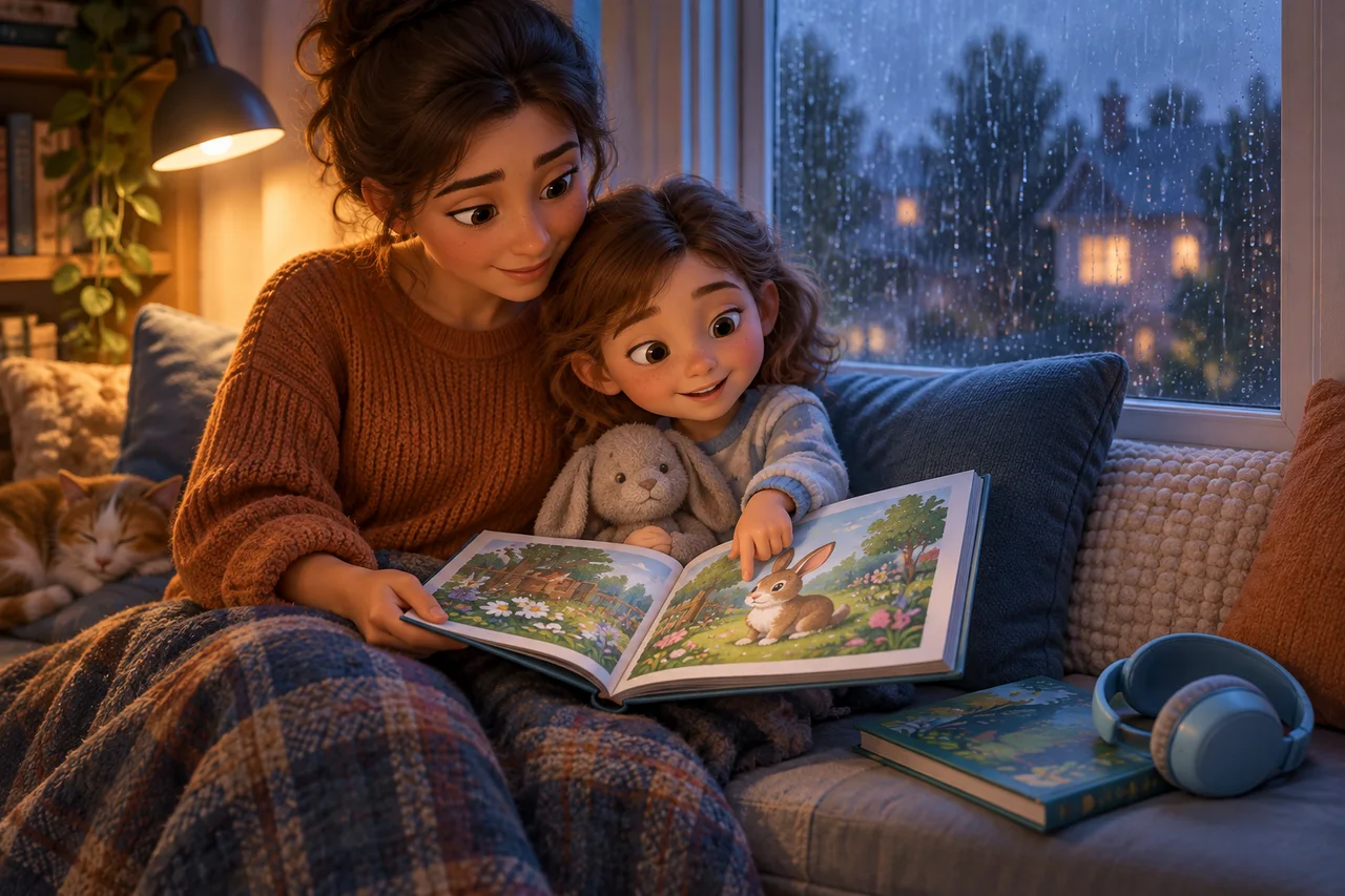 Um adulto lê uma história ilustrada com uma criança, enquanto outro livro e fones de ouvido descansam ao lado