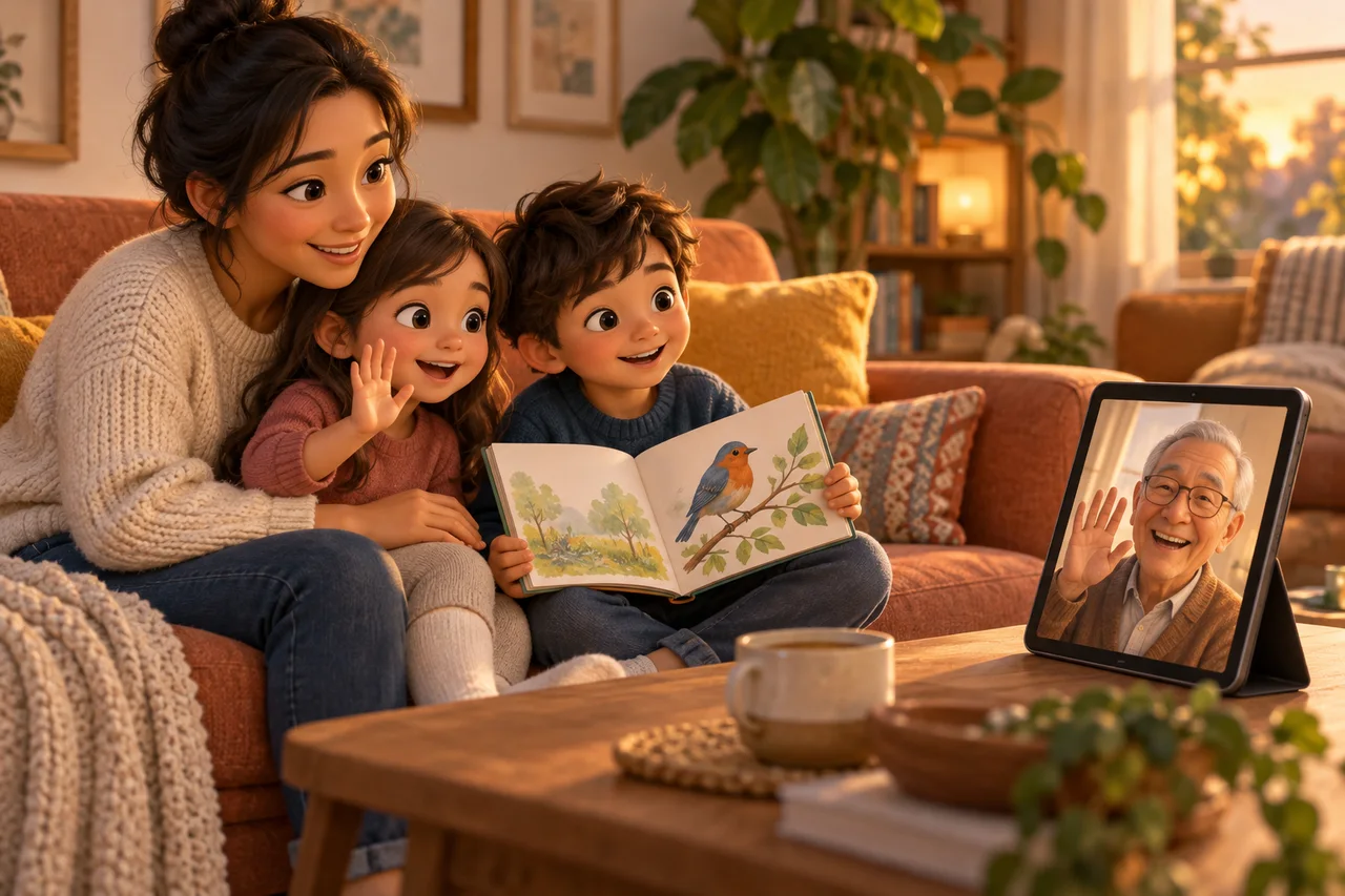 Uma família compartilha um livro ilustrado e uma chamada de vídeo com um avô ou uma avó numa sala aconchegante