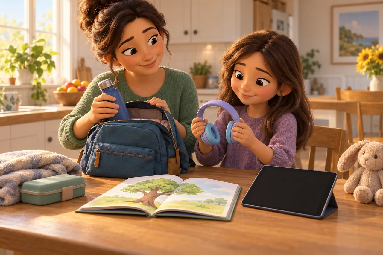 Un genitore e un bambino controllano un tablet pronto, delle cuffie e un libro illustrato prima di un viaggio