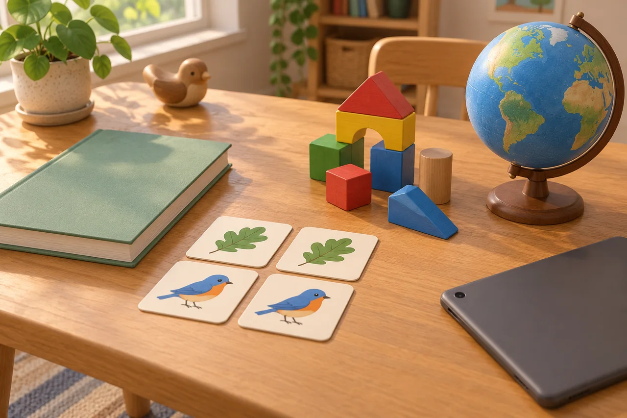 Un kit di apprendimento illustrato raggruppa un libro, carte per gli abbinamenti, mattoncini e un mappamondo