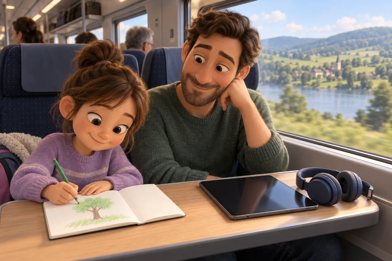 Un bambino e un genitore su un treno alternano un'attività sul tablet con il disegno e lo sguardo fuori dal finestrino